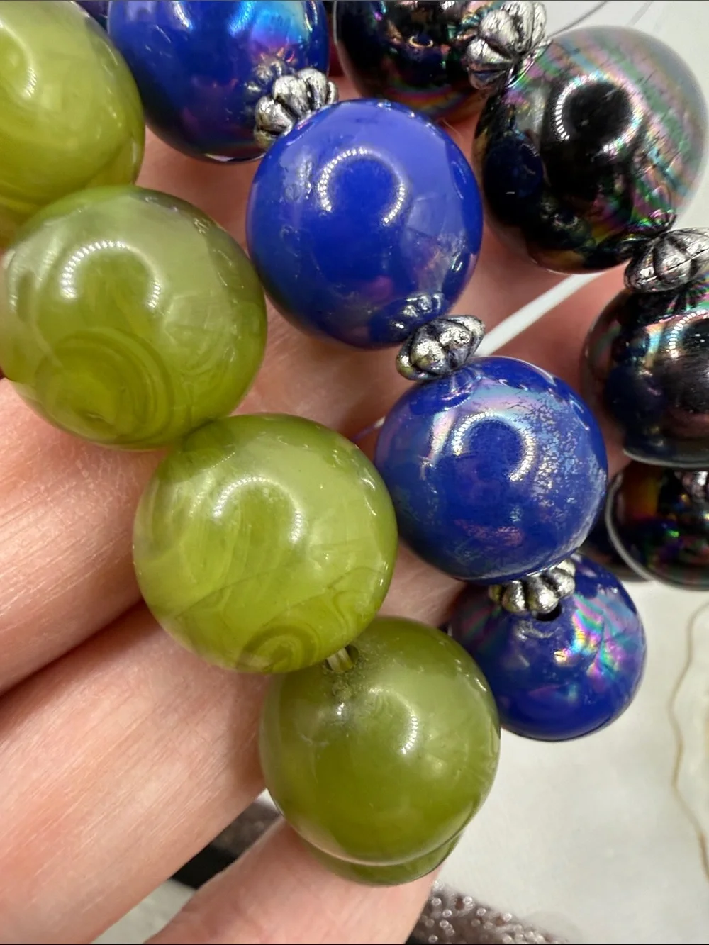 Lucite vintage trio stretch bracelets Blue Olive black shiny Beaded Bracelet Set